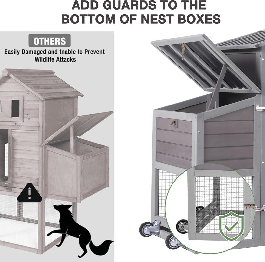 MEDEHOO Large Chicken Coop with Wheels for 4-6 Chickens 81"L Weatherproof Duck House with Nesting Box Mobile Hen House with Run Leakproof Tray Grey