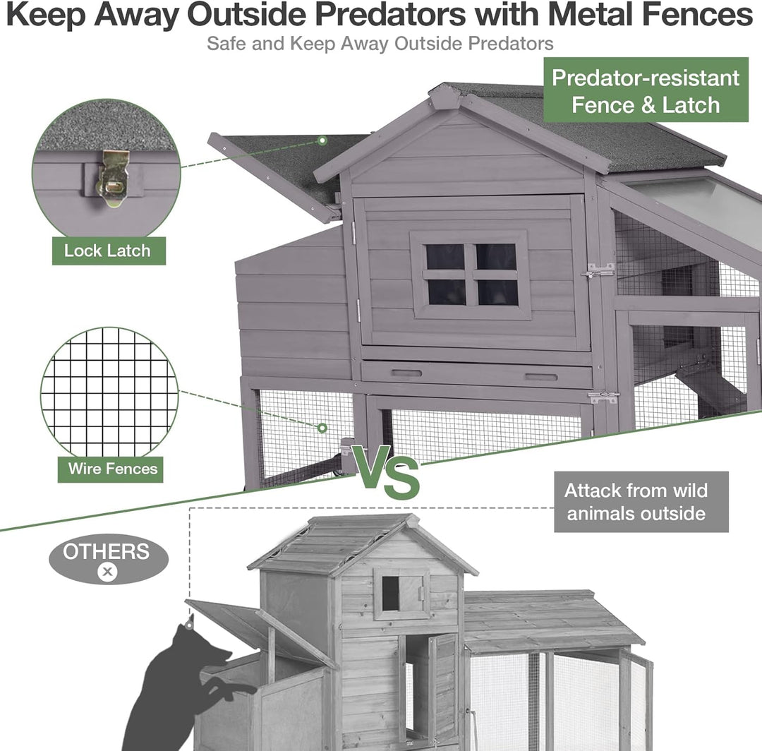 MEDEHOO Mobile Chicken Coop with Wheels, Outdoor Hen House with Leak-Proof Tray, UV-Resistant Roof &amp; Nesting Box for Chickens, Ducks, Rabbits (Grey)