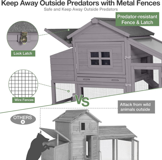 MEDEHOO Mobile Chicken Coop with Wheels, Outdoor Hen House with Leak-Proof Tray, UV-Resistant Roof &amp; Nesting Box for Chickens, Ducks, Rabbits (Grey)