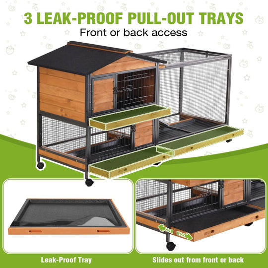 MEDEHOO Large Wooden 2-Story Rabbit Hutch for 2-4 Bunnies – Heavy Duty Metal-Framed Rabbit Cage with 6 Smooth-Rolling Wheels, 3 Easy-Clean Pull-Out Trays &amp; 6 Access Doors, Indoor Outdoor (Brown)