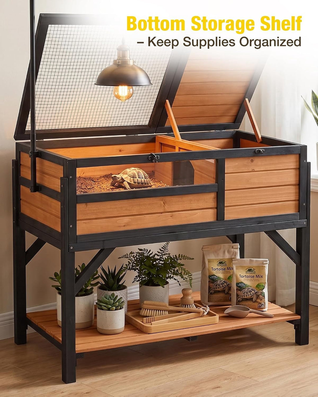MEDEHOO Wooden Tortoise Habitat with Detachable Legs &amp; Adjustable Lamp Holder – Reptile Terrarium for Small Animals AIR70-BF-ML-WM