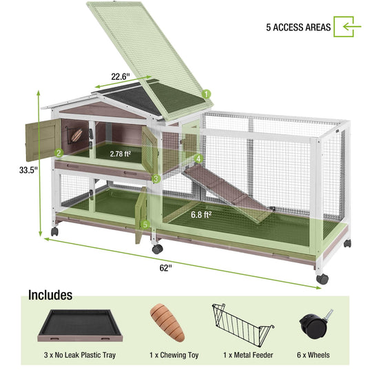 BUTINGLALE Rabbit Hutch with Chew-Resistant Ramp Indoor Bunny Cage Outdoor Guinea Pig Cage with Wheels and Leakproof Tray AIR19-B-N