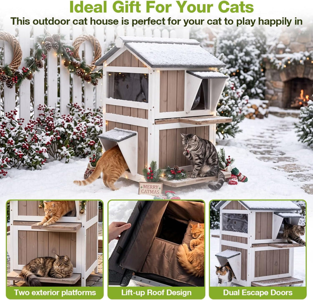 MEDEHOO Heated Outdoor Cat House for Outside, 2-Level Insulated Cat Shelter, Weatherproof Feral Cat House for Winter, White &amp; Brown