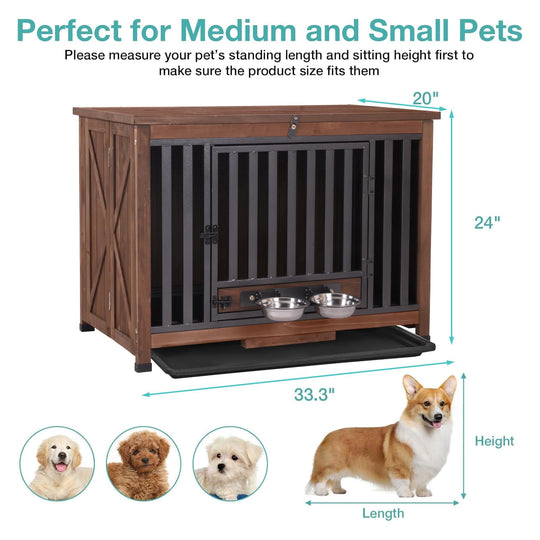 MEDEHOO Foldable Dog Crate – Indoor Kennel with Pull-Out Tray &amp; 2 Bowls, Wooden End Table for Medium Breeds (Brown)