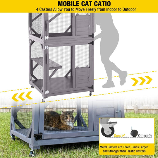 MEDEHOO Catio Outdoor Cat Enclosure Window Cat House on Wheels Large Movable Cat Cages Indoor for Mulitiple Cats with Tarp Roof,Platforms,Resting Box
