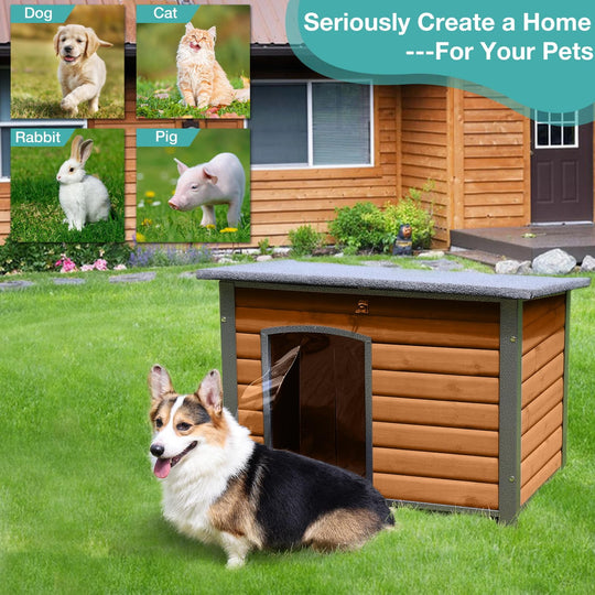 BUTINGLALE Indoor Outdoor Dog House,Anti-Chewing Iron Frame Dog Kennel,Wood Warm Pets Home,Weatherproof Outside Shelter for Feral Animal 33.5" (L) X 22" (W) X 25.2" (H) Brown AIR74-A11