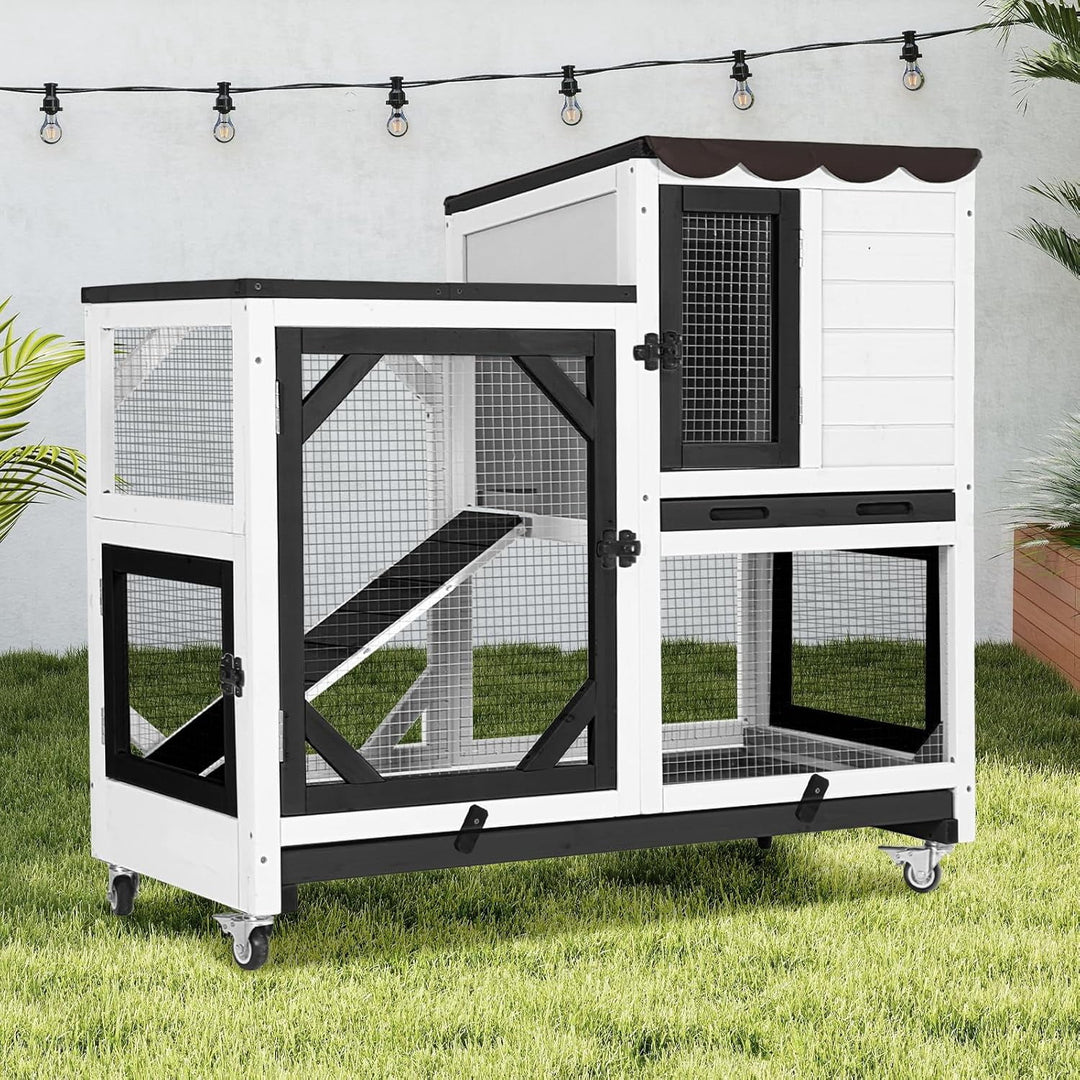 2-Story Rabbit Hutch Bunny Cage with Leak-Proof Trays &amp; Chew-Proof Ramp - Indoor/Outdoor 39.3" Wooden Rabbit Cage with Wheels (Black)