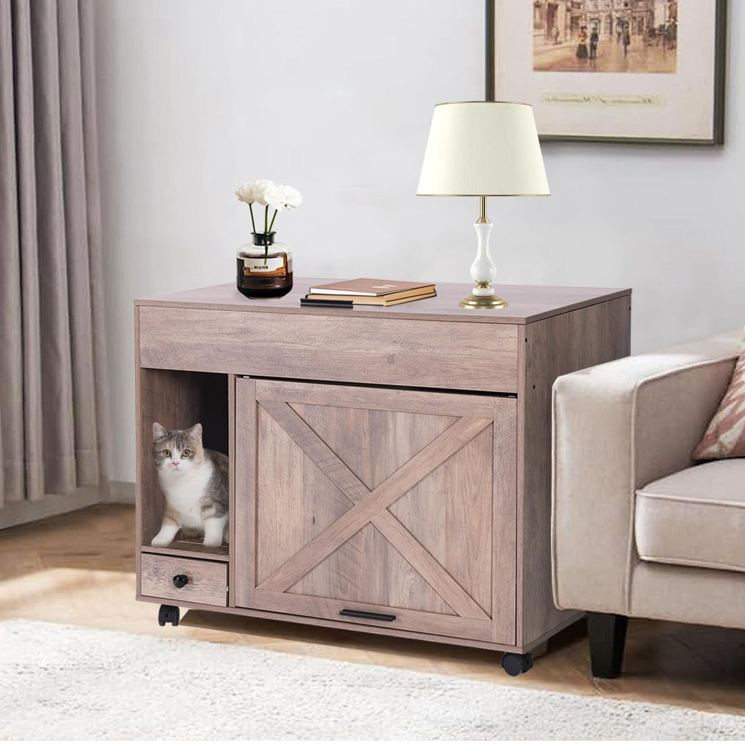 MEDEHOO Cat Litter Box Enclosure Cabinet,Flip Top Hidden Litter Box Furniture,Indoor Wooden Covered Cat House with Drawer,Wheels