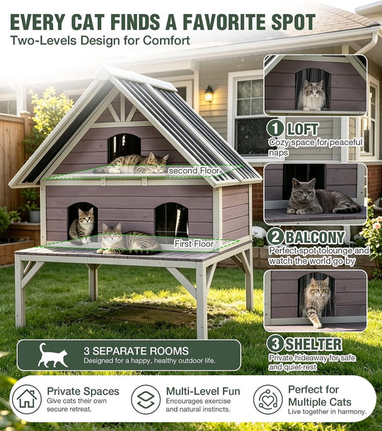 MEDEHOO Outdoor Cat House Weatherproof Large Feral Cat Shelter with 2-Layer, Wooden Cat Condo with Balcony, Escape Doors and Openable Back Door for Multiple Cats Indoor