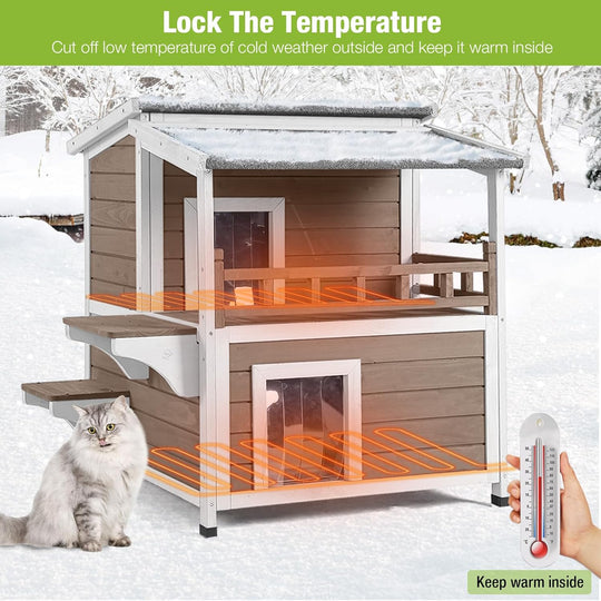 MEDEHOO Cat House for Outdoor Cats Large 2-Stroy Insulated Kitty Shelter with Heater for Winter,Waterproof Great for Indoor &amp; Outdoor Use,Brown