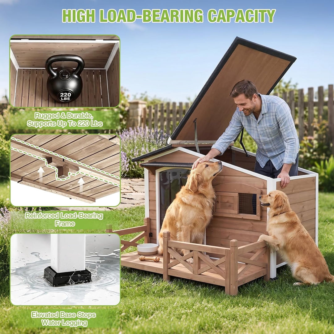 MEDEHOO 44.6" Large Dog House Outdoor Weatherproof Dog Kennel Shelter, Chew-Proof Full Metal Frame, Waterproof Openable Roof, Spacious Porch for Medium to Large Breeds, Light Brown