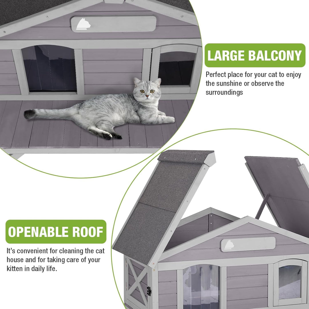 MEDEHOO Outdoor Cat House, Wooden Feral Cat Shelter with Large Balcony. Weatherproof Cat House for Stray Cats Outside with Escape Doors, Indoor Kitten Condo AIR92-ML-WM