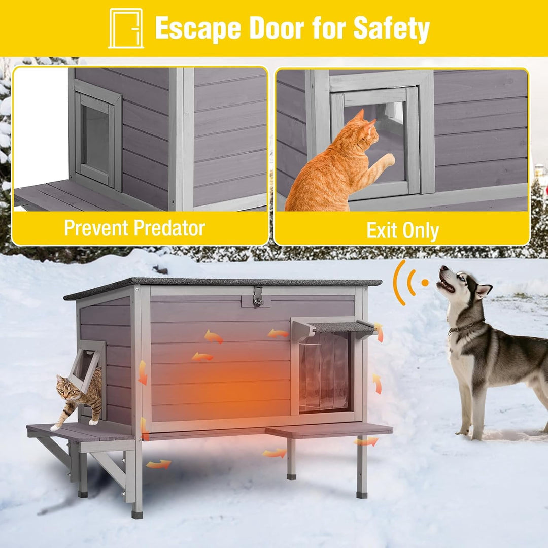 MEDEHOO Heated Outdoor Cat House with Heating Pad, Insulated Liner, Escape Door, 33.5" Large Weatherproof Feral Stray Cat Shelter for Outside Winter AIR91-HP-A11-WM