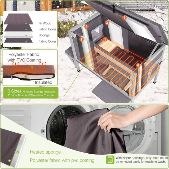 MEDEHOO Heated Cat House for Outside Insulated Outdoor Cat House Weatherproof Feral Cat Shelter with Cat Heated Pad, All-Round Thermal Liner, Secure Escape Doors for 1-3 Cats
