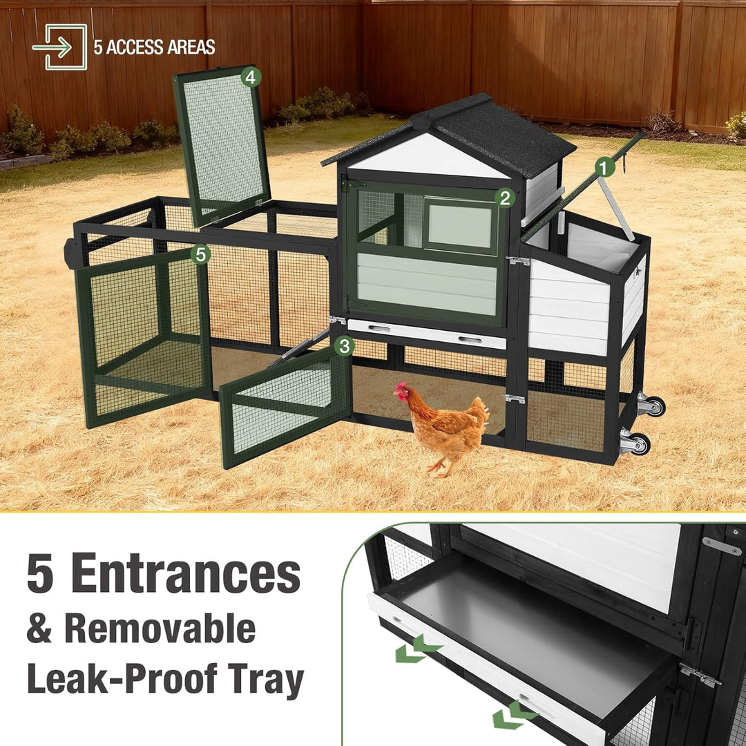 MEDEHOO Chicken Coop Expandable Mobile Chicken House for Outdoor with Wheels, Nesting Box, Leakproof Pull-on Tray and UV-Resistant Roof Panel (Black) AIR72-BW-WM
