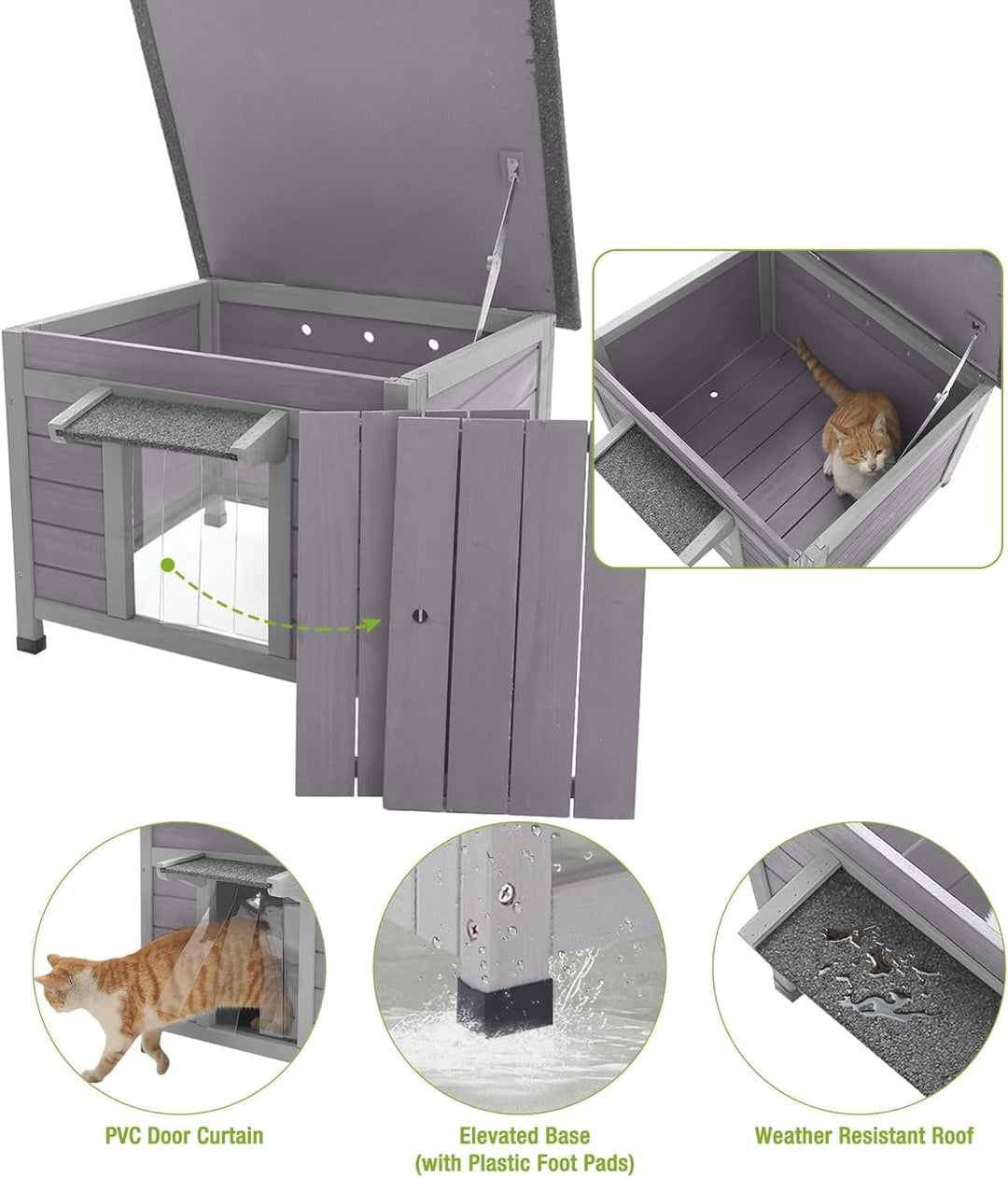 MEDEHOO Outdoor Cat House Weatherproof, Feral Cat House with Asphalt Roof, PVC Curtains &amp; Raised Base, Easy To Clean AIR12-G-AD-WM