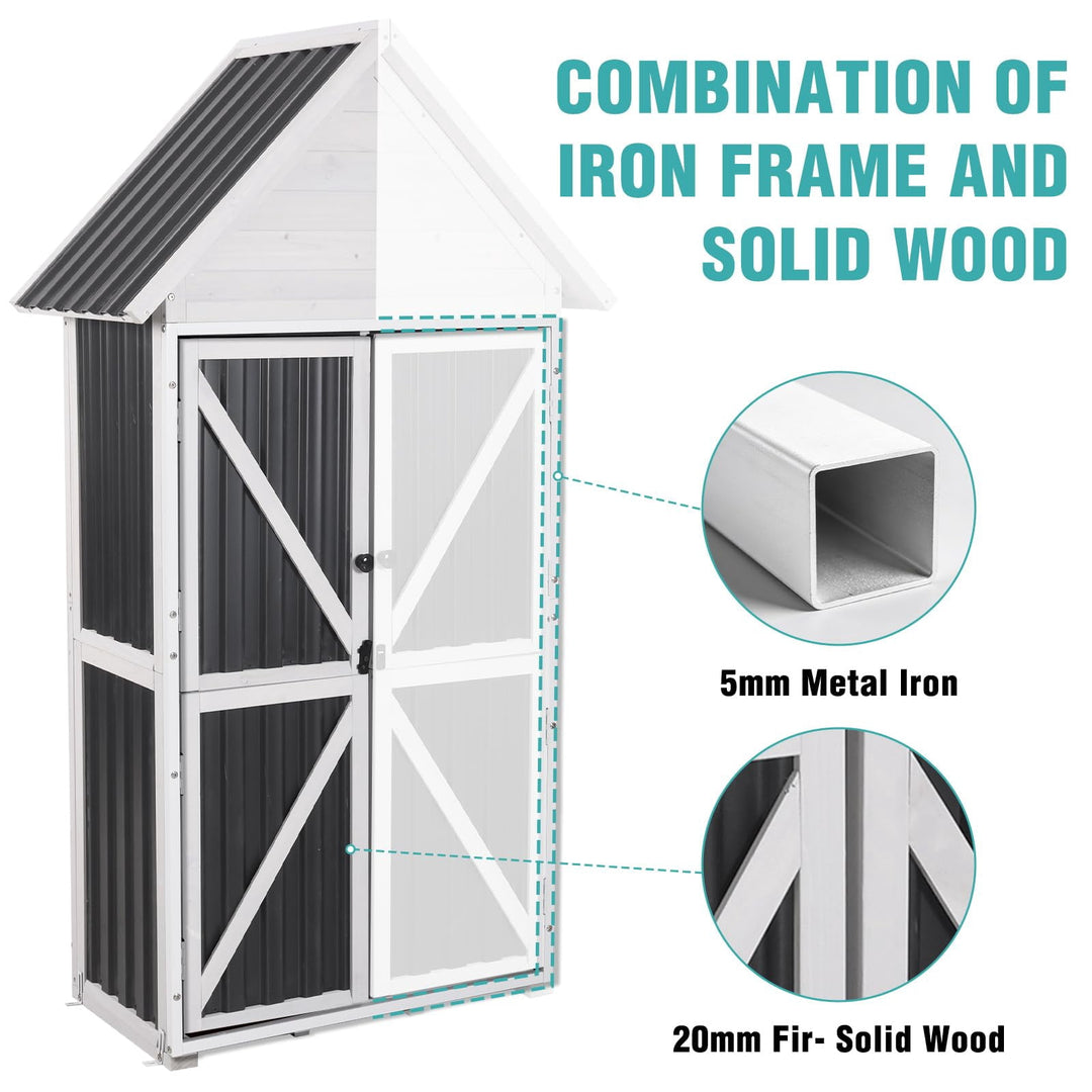 MEDEHOO Shed Outdoor Storage, Outdoor Storage Cabinet with Metal Frame &amp; Adjustable Shelves, Weatherproof Tool Shed for Backyard Patio Lawn, White