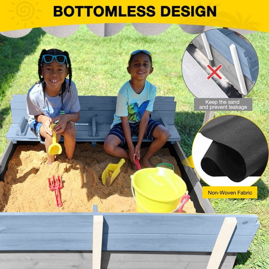 MEDEHOO Outdoor Sandbox with Cover &amp; Adjustable Canopy, Kids Sand Box with 2-IN-1 Foldable Seats, Blue