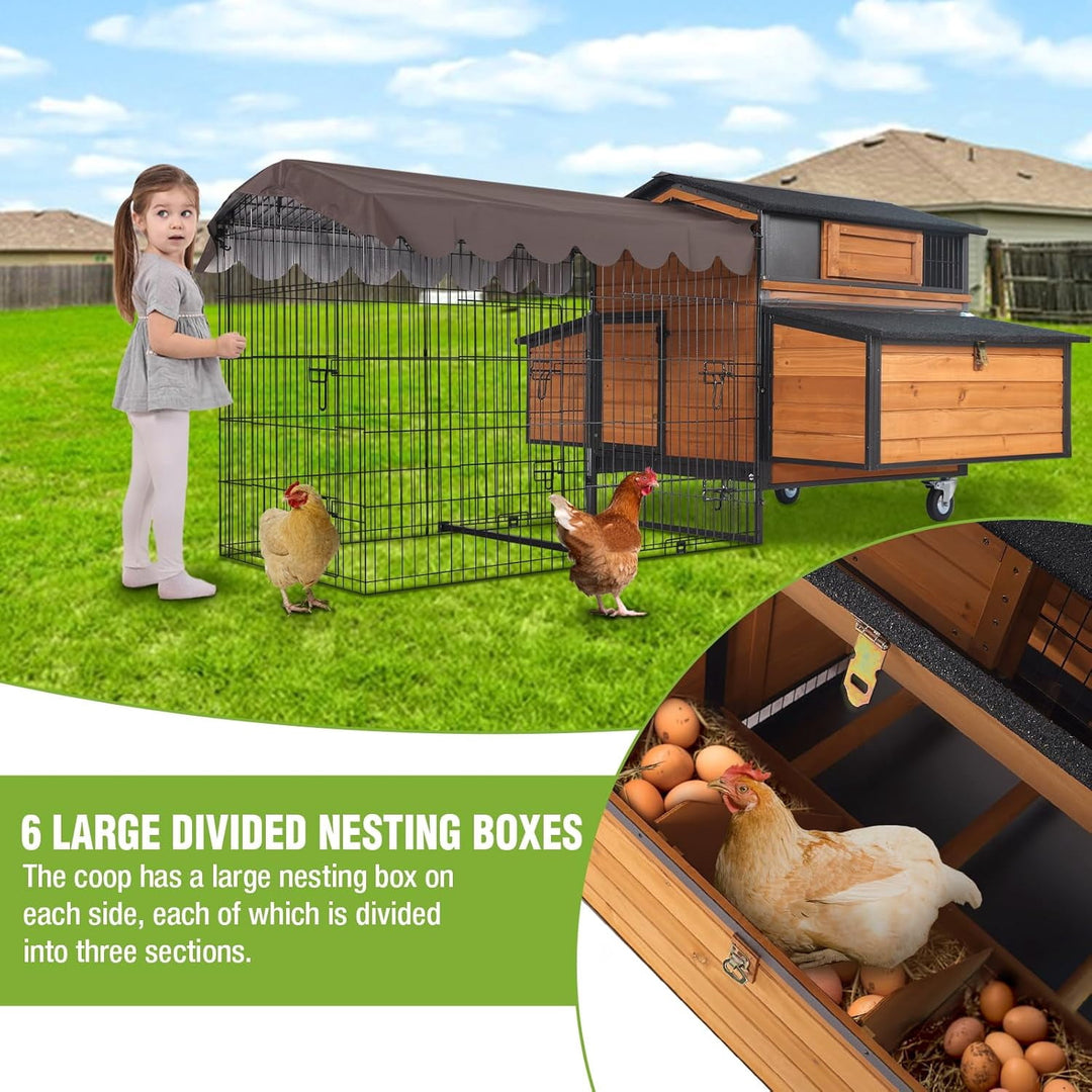 MEDEHOO Mobile Chicken Coop with All-Around Metal Frame, 76.7" Large Chicken Coops with Super Large Wheels, Outdoor Poultry Cage Hen House with Metal Run for 6-8 Chickens AIR7019-MB-WM
