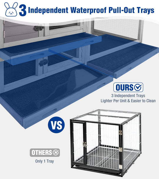 MEDEHOO Large Rabbit Hutch Indoor, Bunny Cage Outdoor with Chew-Proof Ramp, 2-Story Guinea Pig Cages with 6 Wheels, 3 Pull-Out Trays, Waterproof Asphalt Roof, 62" L - Gray