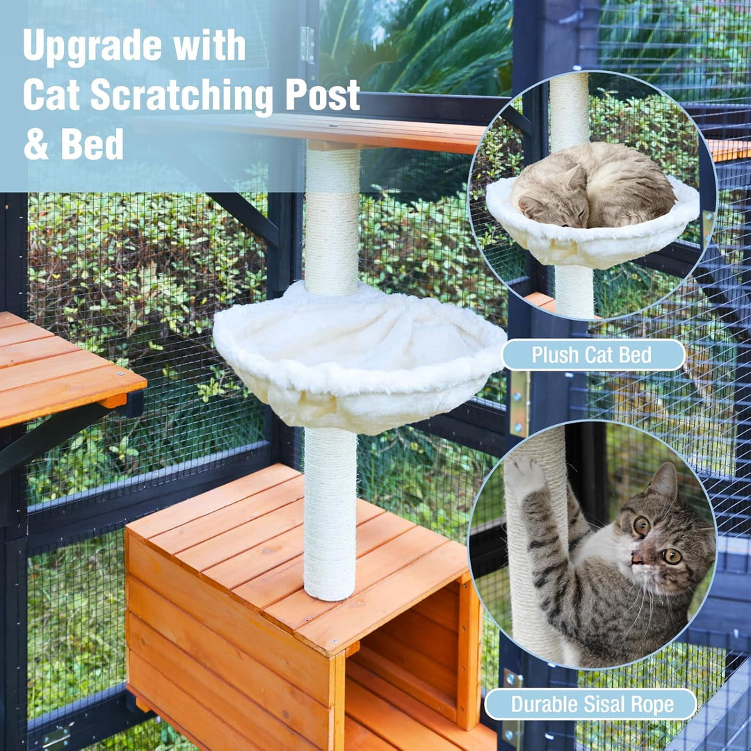 MEDEHOO Catio Outdoor Cat Enclosure 70" Large Window Catio Wooden Cat House Walk-in Cat Cage with 7 Platforms Waterproof Cover for 2-6 Cats (Black) AIR37-M-B-J-WM