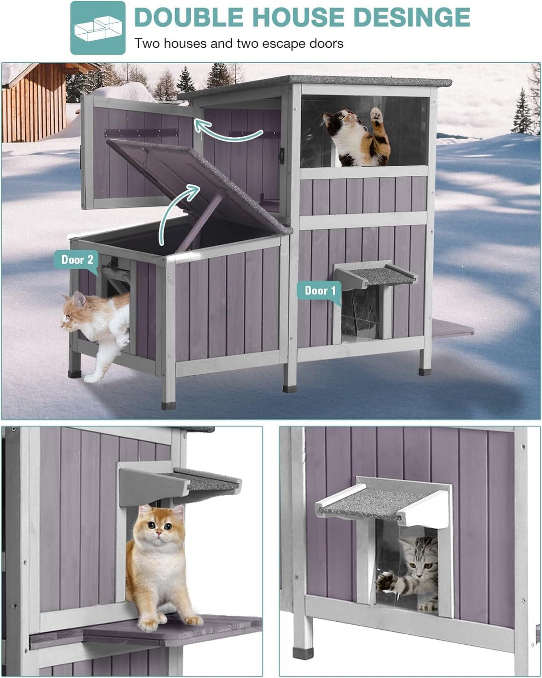 MEDEHOO Outdoor Cat House Weatherproof, Two-Story Wooden Cat Shelter with Escape Door, PVC Curtains, Removable Floor &amp; Waterproof Roof, Raised Outside Cat House for Feral Cats