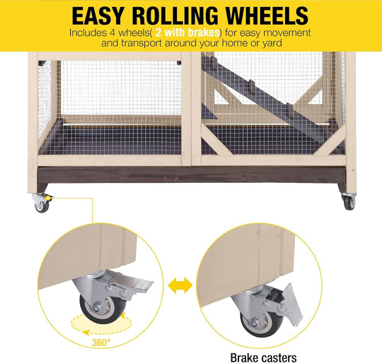 MEDEHOO Rabbit Hutch Rabbit Cage Indoor Bunny Hutch with Run Outdoor Rabbit House with Two Deeper No Leak Trays - 4 Casters Include (Without Bottom Wire Netting)