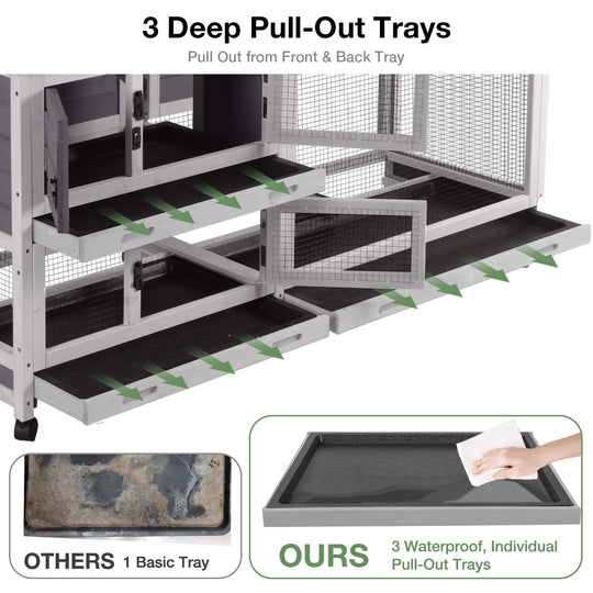 MEDEHOO 62" Rabbit Hutch with Wheels for Outdoor &amp; Indoor, 2-Story Bunny Cage with Pull Out Tray, Chew-Proof Ramp, Waterproof Roof