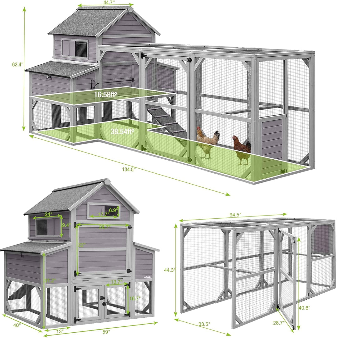 MEDEHOO Chicken Coop 55ft² Large Chicken House with Run Wooden Hen House Poultry Cage with 6 Large Nesting Boxes,10-15 Chickens AIR46-1