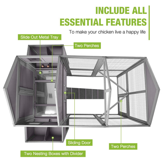 BUTINGLALE Chicken Coop with Large Nesting Boxes Outdoor Hen House with 30.5ft² Sleeping Area and Run for 6 to10 Chickens 75.7" L x 65.7" W x 59.1" H AIR48-N