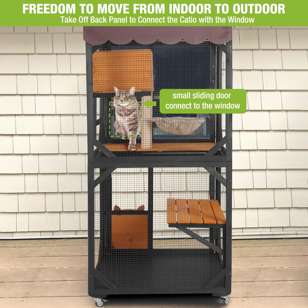 BUTINGLALE Cat House Outdoor Catio on Wheels 70.9" Cat Enclosure Perfect for 3-5 Cats,Waterproof Cover Kitty Shelter AIR7014-J