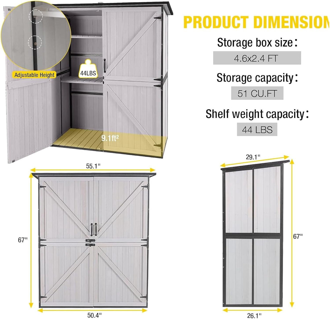 MEDEHOO Storage Shed Outdoor Storage Cabinet Upgraded with All Arounded Metal Frame, Wooden Floor and Adjustable Shevels 55" L x 29" W x 67" H, Off-White