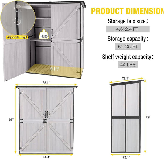 MEDEHOO Storage Shed Outdoor Storage Cabinet Upgraded with All Arounded Metal Frame, Wooden Floor and Adjustable Shevels 55" L x 29" W x 67" H, Off-White