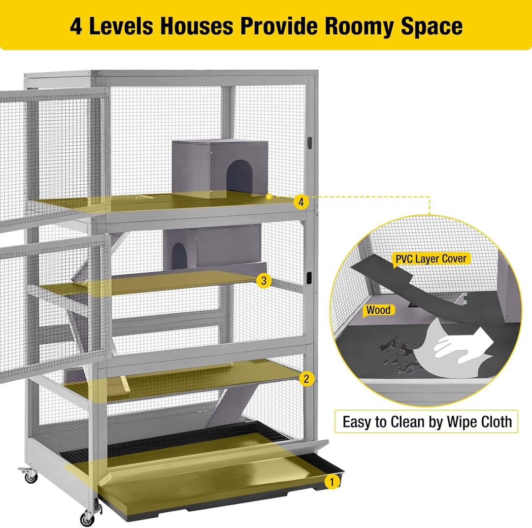 MEDEHOO Chinchilla Cage Rolling Small Animal Cages for Rats Ferrets Guinea Pigs with Removable Tray and Wheels, 4-Tier, Gray AIR56-WM