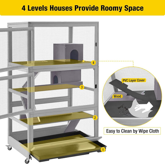 MEDEHOO Chinchilla Cage Rolling Small Animal Cages for Rats Ferrets Guinea Pigs with Removable Tray and Wheels, 4-Tier, Gray AIR56-WM