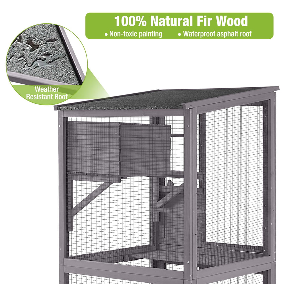 MEDEHOO 70.9" Catio Outdoor Cat House Cat Enclosure on Wheels, Large Wooden Cat Cage with Resting Box &amp; Asphalt Roof AIR22-G-WM