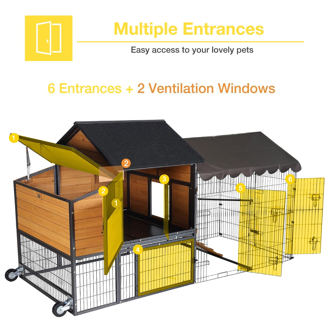 MEDEHOO 85.6" Mobile Chicken Coop, Large All-Steel Frame Hen House for 6-8 Chickens Poultry Cage with Nesting Box, Waterproof Rain Cover Duck Coop