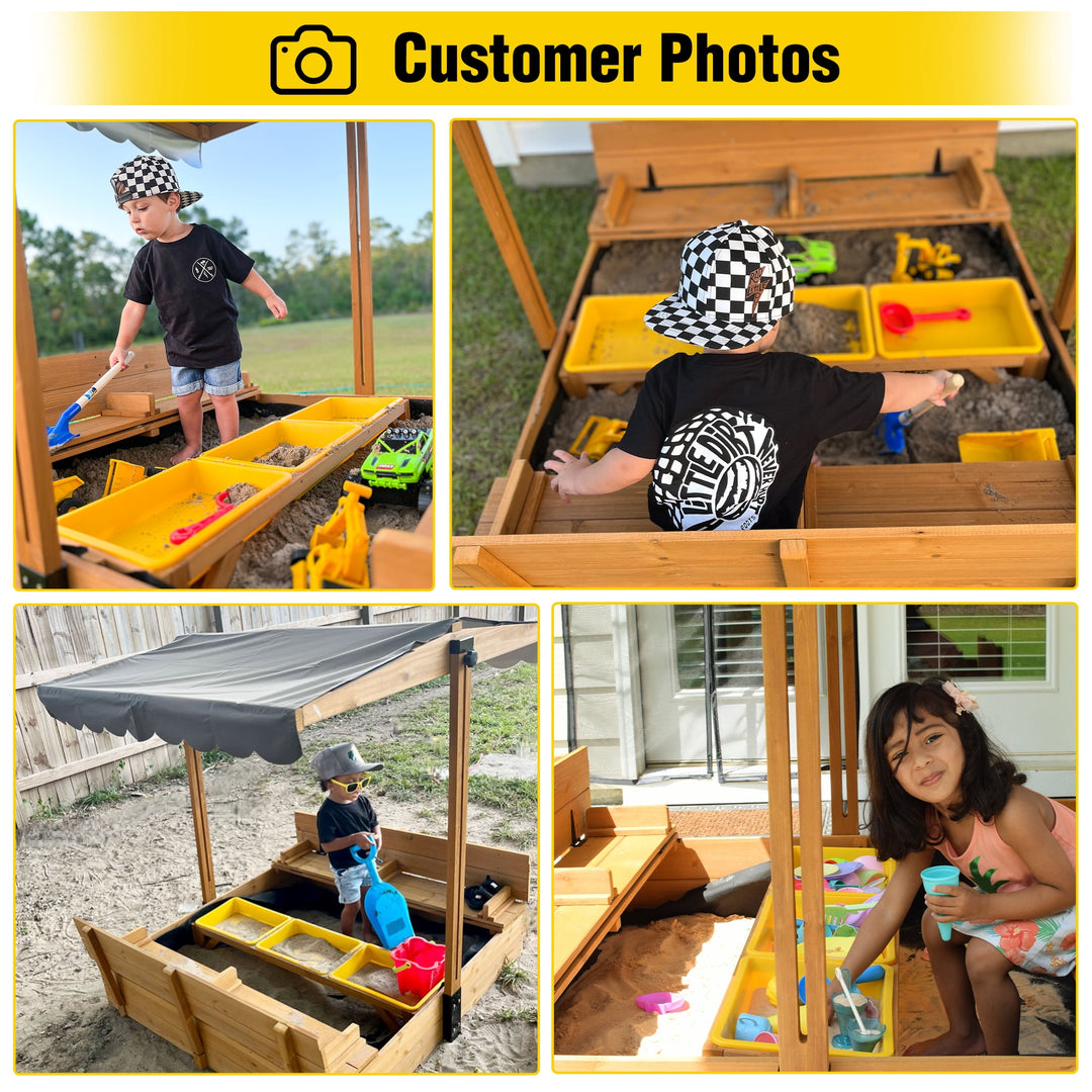 MEDEHOO Kids Sand Boxes with Lid, Kids Outdoor Play Large Sandbox with Covers Foldable Bench Seats and Toy Bin Storage, Upgrade Retractable Roof GUT08-8Y-WM2