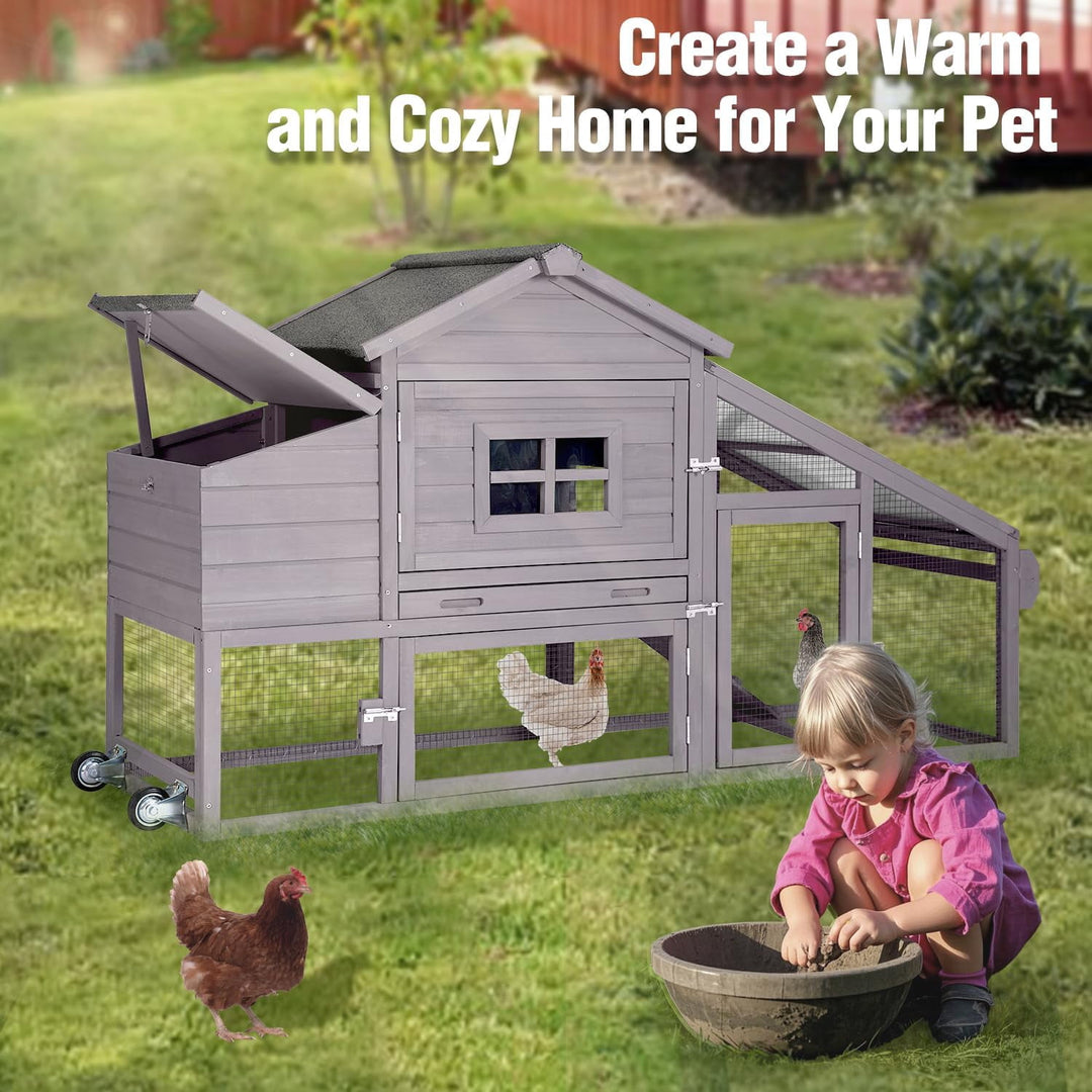 MEDEHOO Chicken Coop on Wheels, Mobile Chicken House, Wooden Hen Houses, Outdoor Rabbit Hutch, for 2-4 Chickens 67" (Gray) AIR23-km-gray