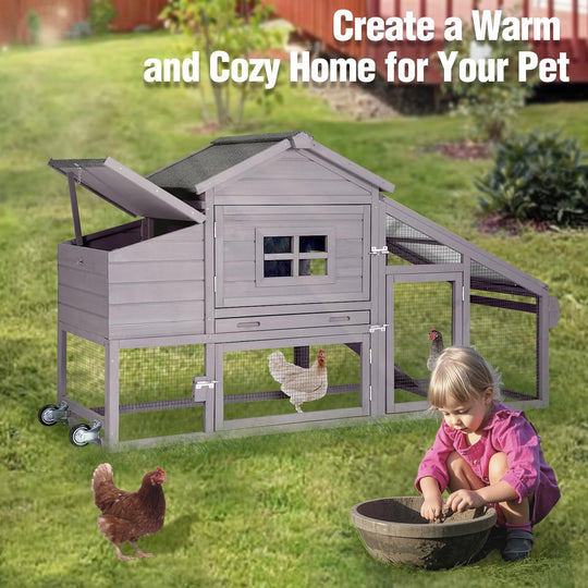 MEDEHOO Chicken Coop on Wheels, Mobile Chicken House, Wooden Hen Houses, Outdoor Rabbit Hutch, for 2-4 Chickens 67" (Gray) AIR23-km-gray