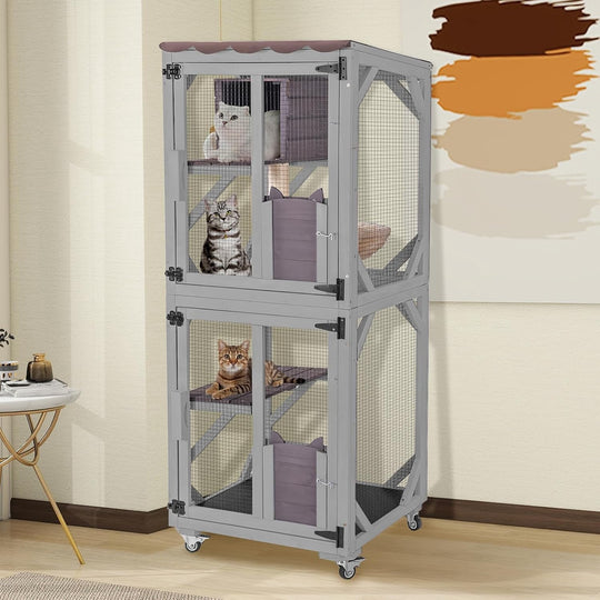MEDEHOO 3-Tier Outdoor Catio with Wheels, Wooden Cat Enclosure with 4 Lockable Wheels &amp; Removable Hammock, Window Cat House for Multiple Cats, 63" Gray