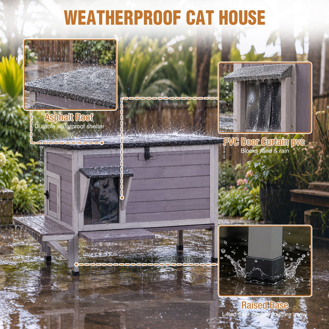 MEDEHOO Large Heated Cat House with Heating Pad Insulated Liner Escape Door Weatherproof Outdoor Feral Cat Shelter for Outside Gray AIR91-G-HP-WFS-ML