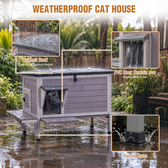 MEDEHOO Large Heated Cat House with Heating Pad Insulated Liner Escape Door Weatherproof Outdoor Feral Cat Shelter for Outside Gray AIR91-G-HP-WFS-ML