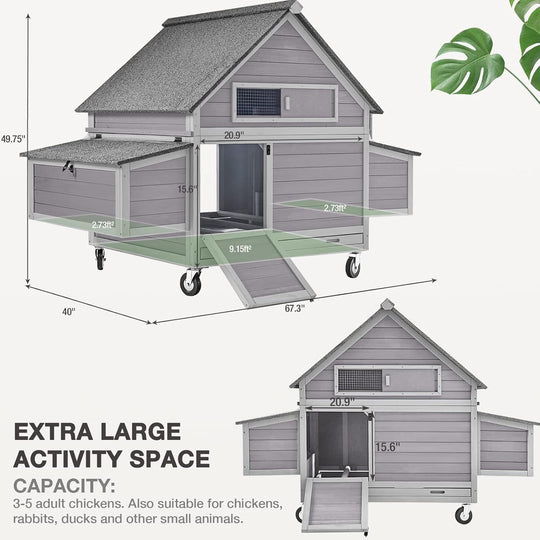 MEDEHOO Large Chicken Coop with Wheels, Expandable Chicken House for Outdoor with Two Nesting Box, Leakproof Pull-out Tray  Hen House for 5-6 Chickens AIR67-Q-WM