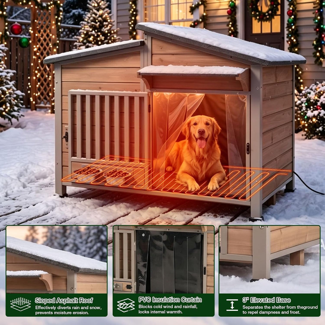 MEDEHOO 44" Heated Dog House with Heavy-Duty Steel Frame, Heated Pad and 6-Sided Insulation, Outdoor Dog Shelter AIR7021-B-IN-HP-WM