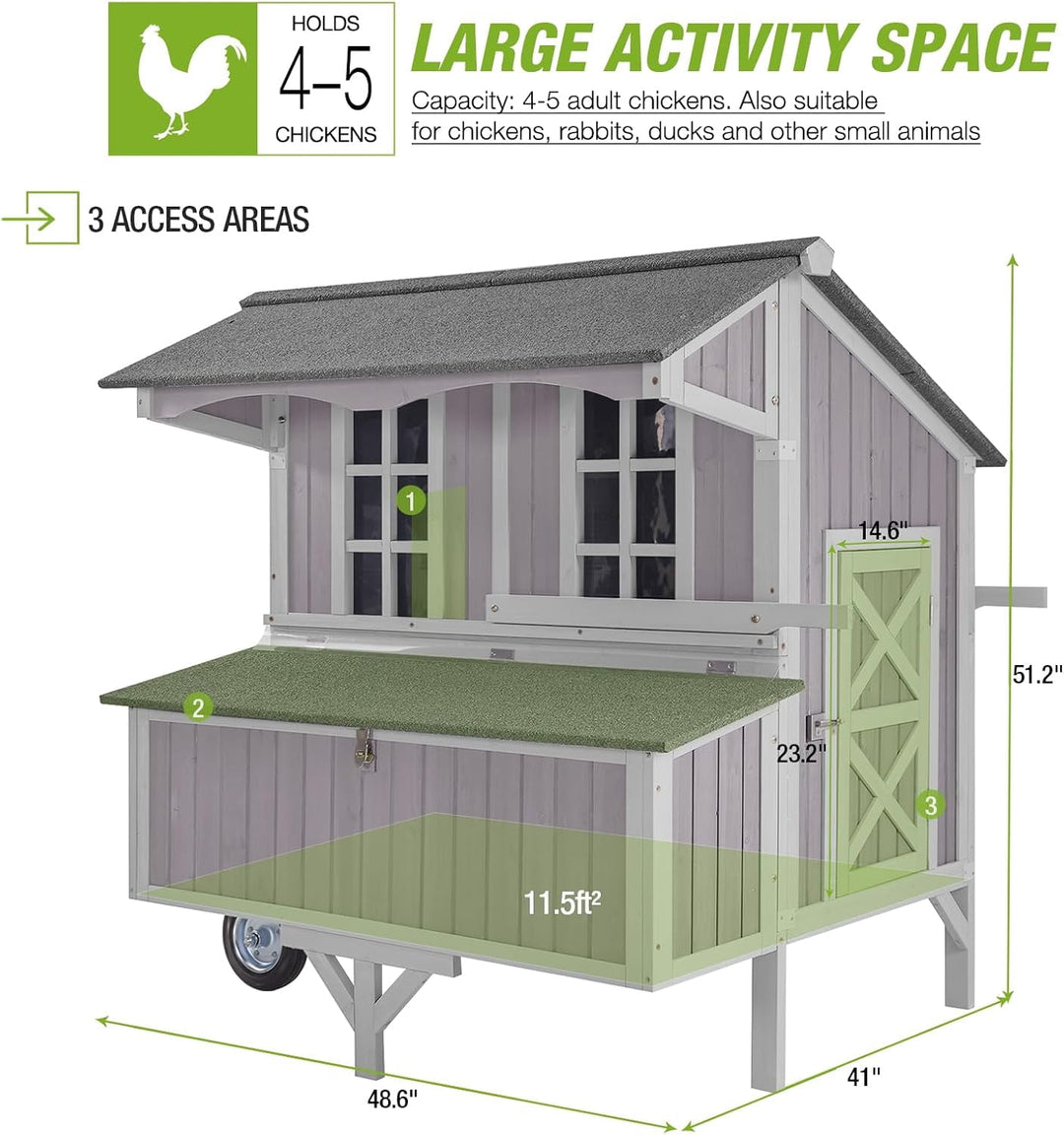 MEDEHOO Chicken Coop with Wheels Mobile Chicken House Outdoor Hen Coop with Large Nesting Box, Movable AIR96-J-WM