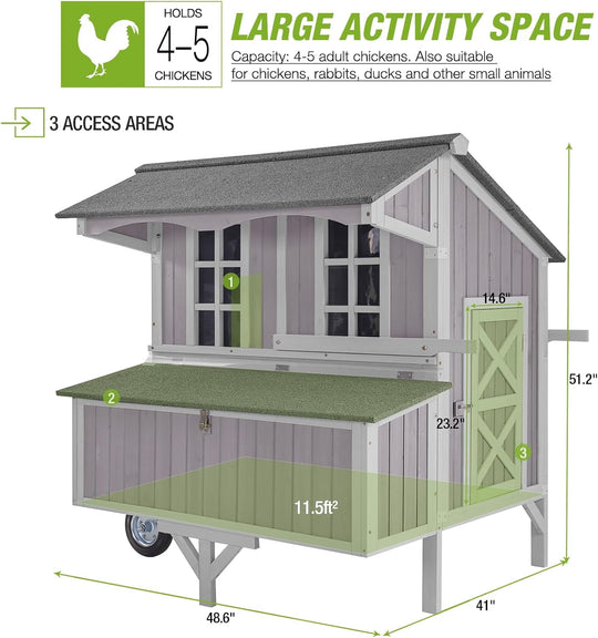 MEDEHOO Chicken Coop with Wheels Mobile Chicken House Outdoor Hen Coop with Large Nesting Box, Movable AIR96-J-WM