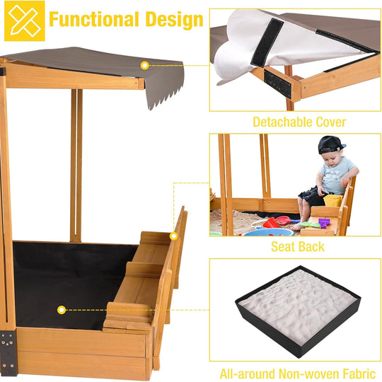 MEDEHOO Kids Sandbox with Lid Sand Box with Cover,Foldable Bench Seats, Adjustable Height Roof,Bottom Liner GUT05-003J-WM