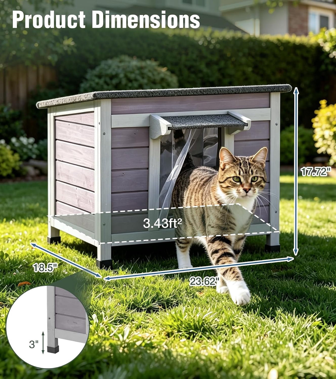 MEDEHOO 24" Outdoor Cat House Weatherproof Cat Shelter, Asphalt Roof, PVC Curtain, Openable Top, Raised Base for Outdoor Cats AIR12-B-MA-WM