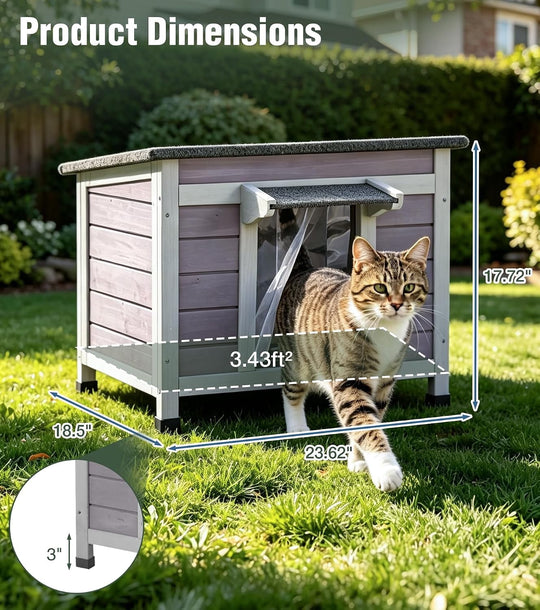 MEDEHOO 24" Outdoor Cat House Weatherproof Cat Shelter, Asphalt Roof, PVC Curtain, Openable Top, Raised Base for Outdoor Cats AIR12-B-MA-WM